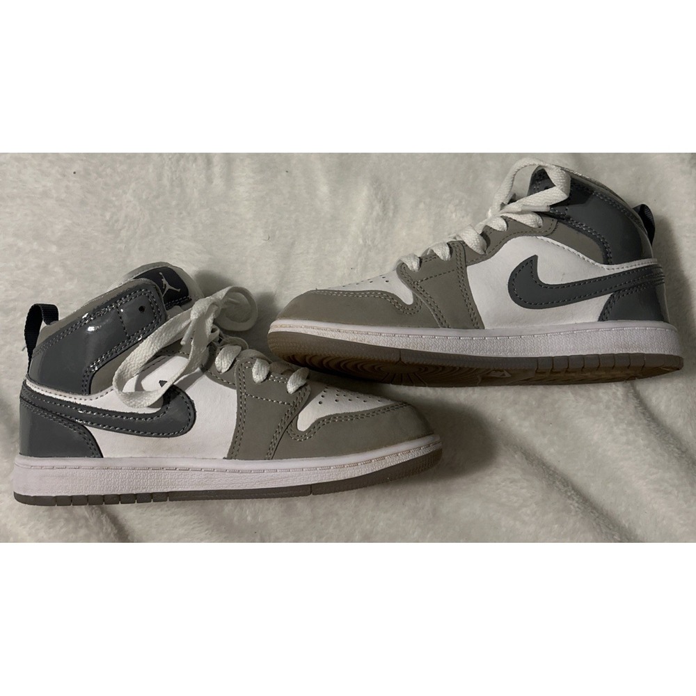 Nike Air Jordan 1 Mid Shoes Youth 13C Kids Gray White Sneakers HF3194-100